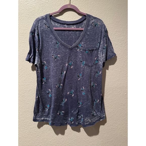 Disney Lilo & Stitch Experiment 626 Burnout Distressed V-neck Tee Sz L - Picture 1 of 2